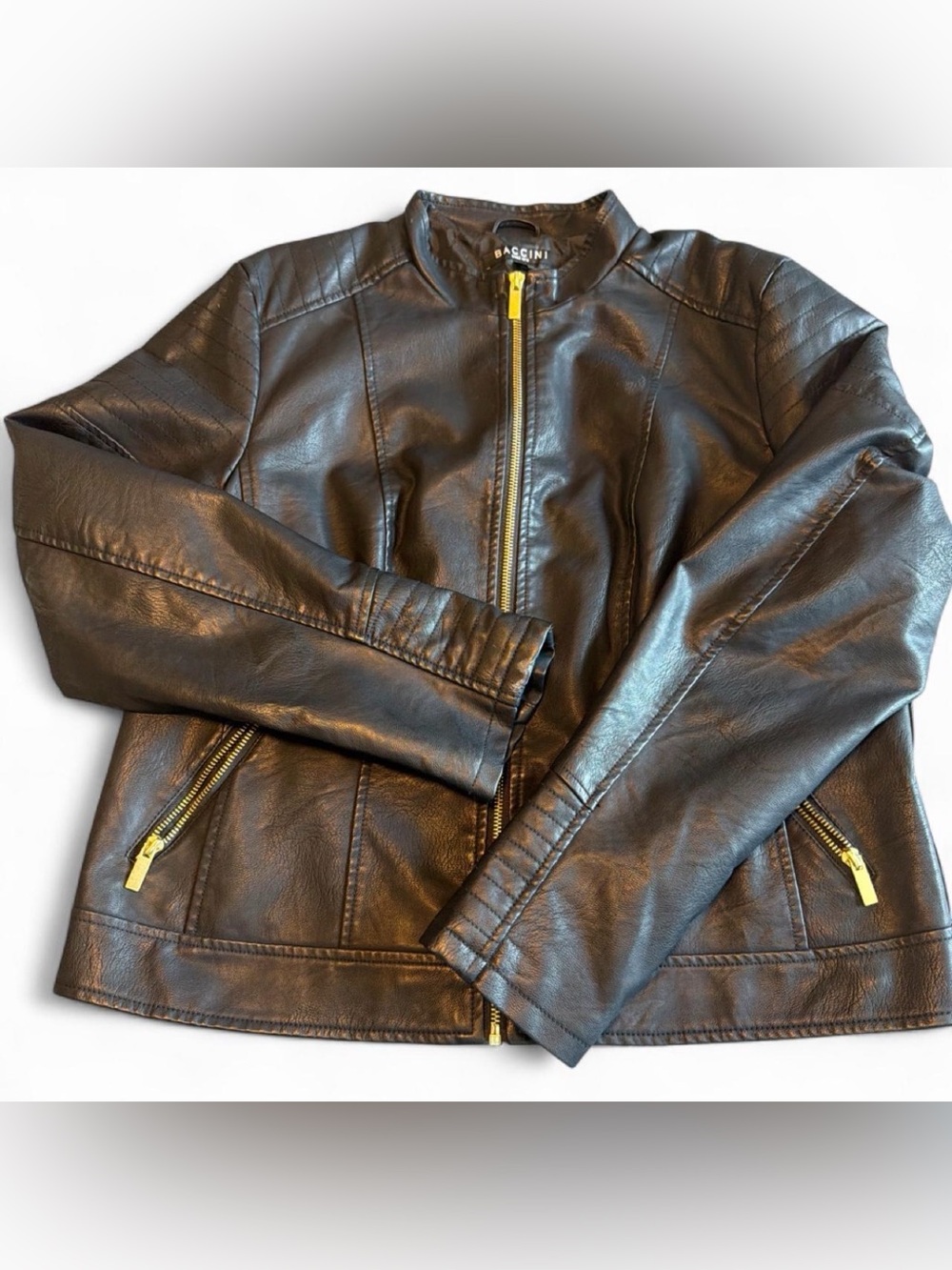 Baccini Black Faux Leather Jacket with Gold Zippers women’s Large